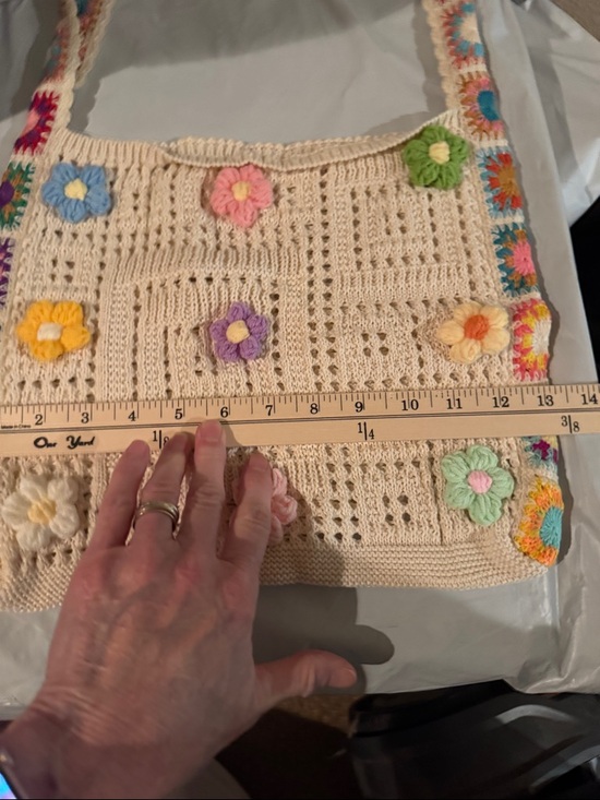 Crochet Floral Bucket Bag with Colorful Granny Square Strap - Picture 2 of 3